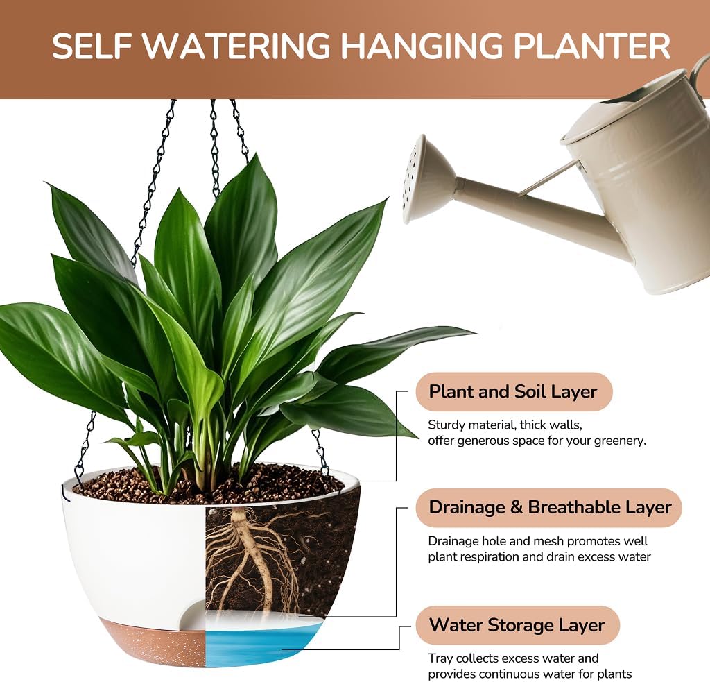 12 Inch Hanging Baskets for Plants Outdoor, Hanging Planters for Indoor Outdoor Plants, Hanging Planter with Self Watering, Hanging Flower Pots (White)