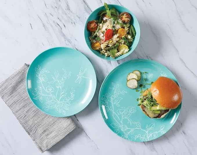 Martha Stewart Dragonfly 12 Piece Decorated Melamine Dinnerware Set - Teal