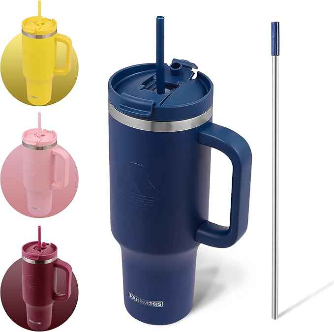 FAHRMOSIS 40 Oz Tumbler with Handle and Straw Insulated Cup that Fits in Cup Holder for Hot & Cold Drinks Leak Proof Tumbler with Straw Stainless Steel Travel Mug for Men & Women - Navy Blue