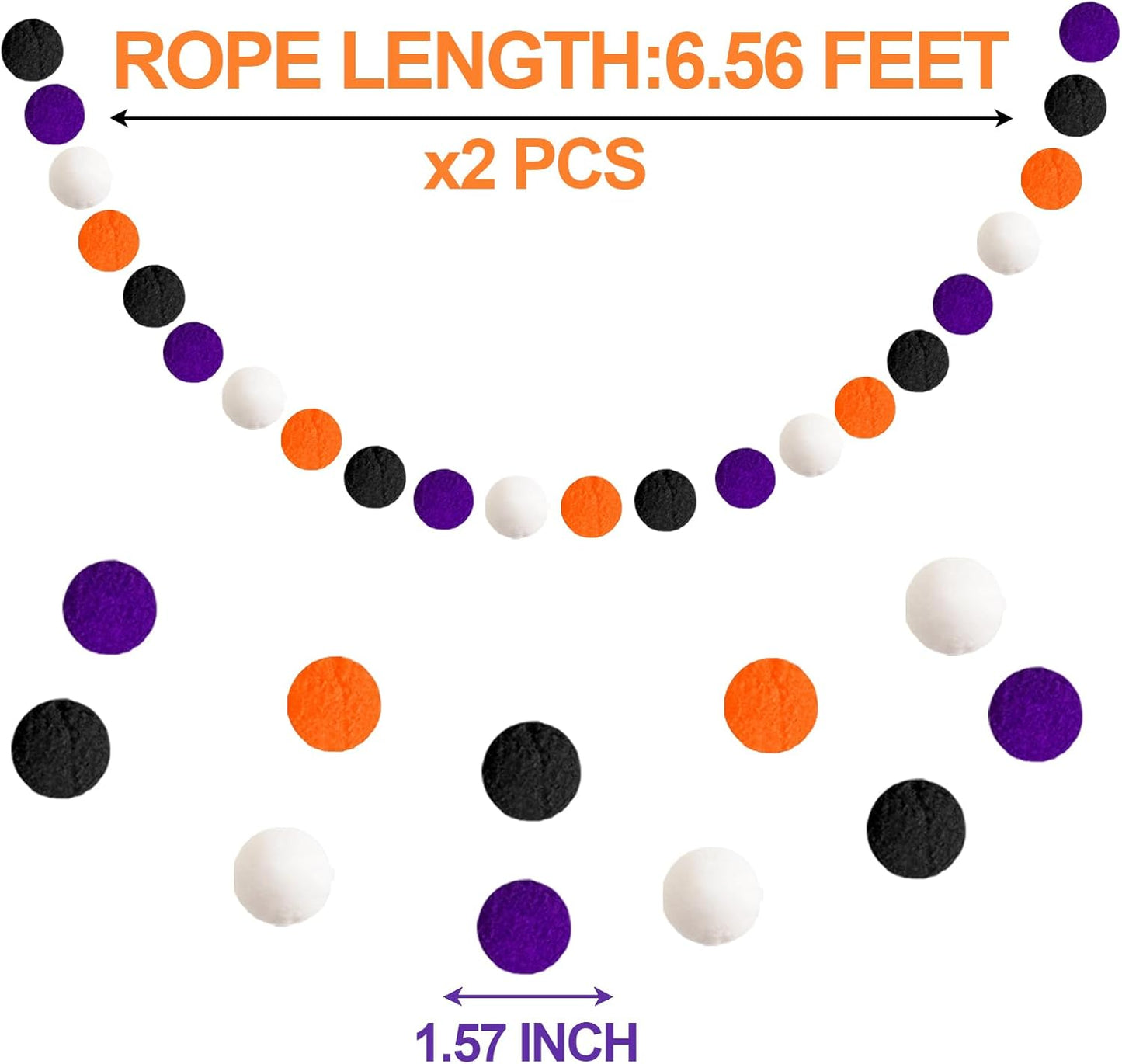 XmasExp Pom Pom Garland Decorations - Large Spring Felt Ball Garland for Mantle, Indoor Home Decor, Easter Tree Ornaments, Kids Room and Party Hanging Decor,13 Ft. (Halloween, 1.57")