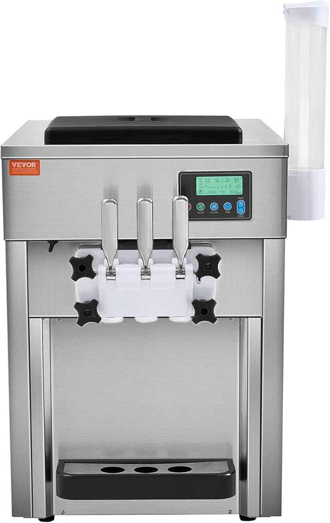 VEVOR Commercial Ice Cream Machine, 21 QT/H Soft Serve Ice Cream Maker with LCD Panel Auto Clean 3-Flavor Pre-cooling for Restaurant Snack Bar