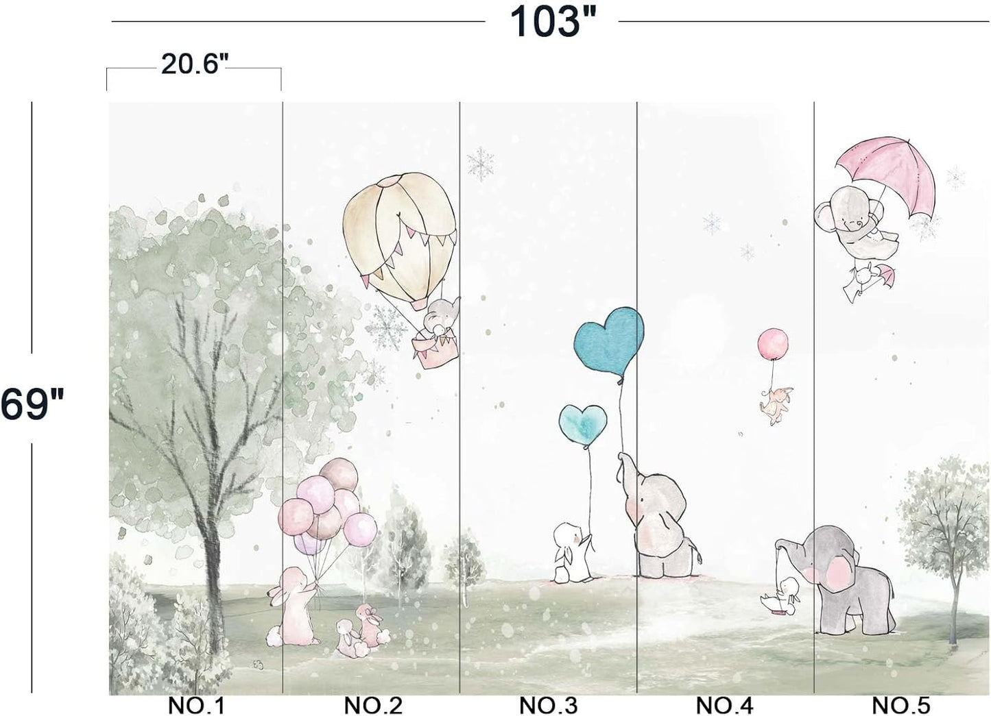 Cartoon Elephant Rabbit Balloon Nursery Wall Mural Wallpaper 103" x 69"