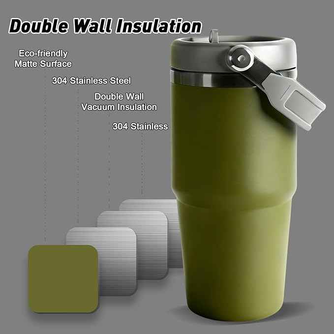 20 oz Tumbler with Handle, Insulated Tumbler with Lid and Flip Straw Leak Proof Double Wall Stainless Steel Vacuum Travel Coffee Mug Insulated Water Bottle Thermal Cup, Cupholder Friendly,Camp Green
