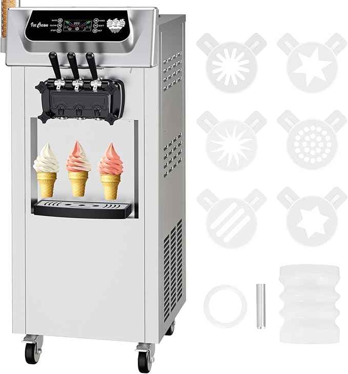 Commercial 2+1 Flavor Soft Ice Cream Machine, 5.8 to 8 gal Per Hour Soft Serve, 2200W Stainless Steel Vertical Ice Cream Maker with Self-Cleaning, High Productivity, Perfect for Home and Snack Bar