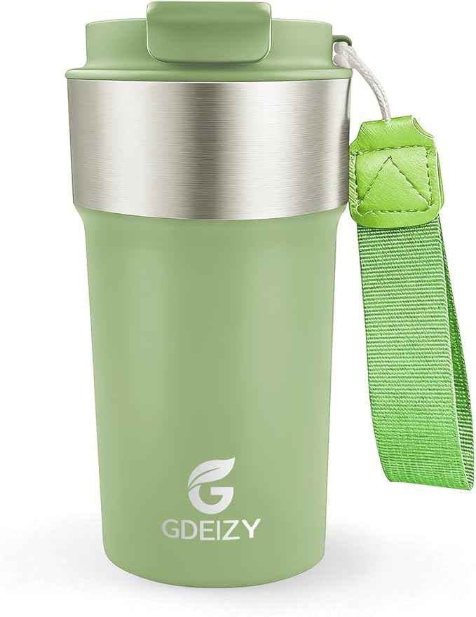 Insulated Coffee Mug, 17oz Stainless Steel Travel Mug with Flip-Top Straw Lid, Leak Proof Vacuum Insulated Tumbler, Reusable Coffee Cup for Hot & Cold Drinks, Avocado Green