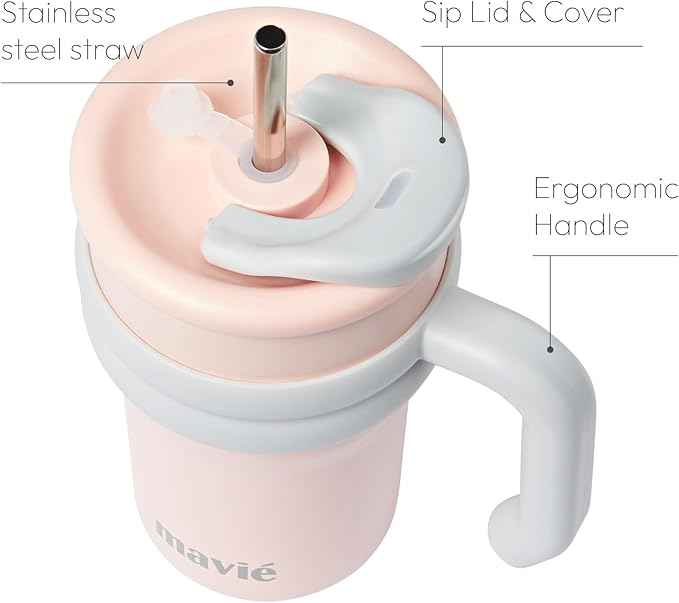 17oz Tumbler With Handle & Metal Straw + Silicone Cover & Sip Spout, Double Insulated Stainless Steel Water Bottle With Rubber Base, Leakproof Cup Holder Friendly Travel Coffee Mug (Light Pink)