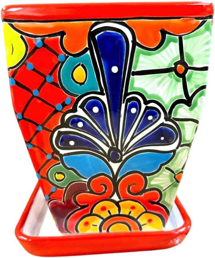 Talavera Tapered Square Planter Pot Folk Art Multicolor Mexican Pottery Home Decor Hand Painted Handmade Indoor Outdoor 9" (Multi 6)