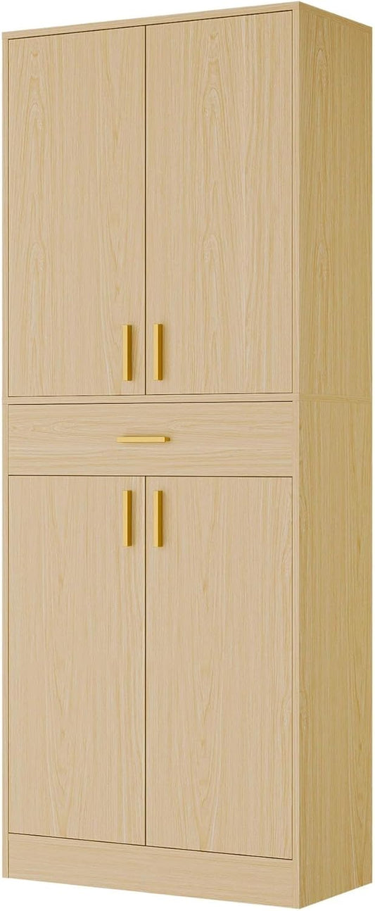 Cozy Castle Pantry Cabinet, 71" Tall Kitchen Storage Cabinet with Doors and Shelves, Freestanding Wood Cupboard Utility Hutch with Drawer for Dining Room Living Room Bathroom Furniture, Oak