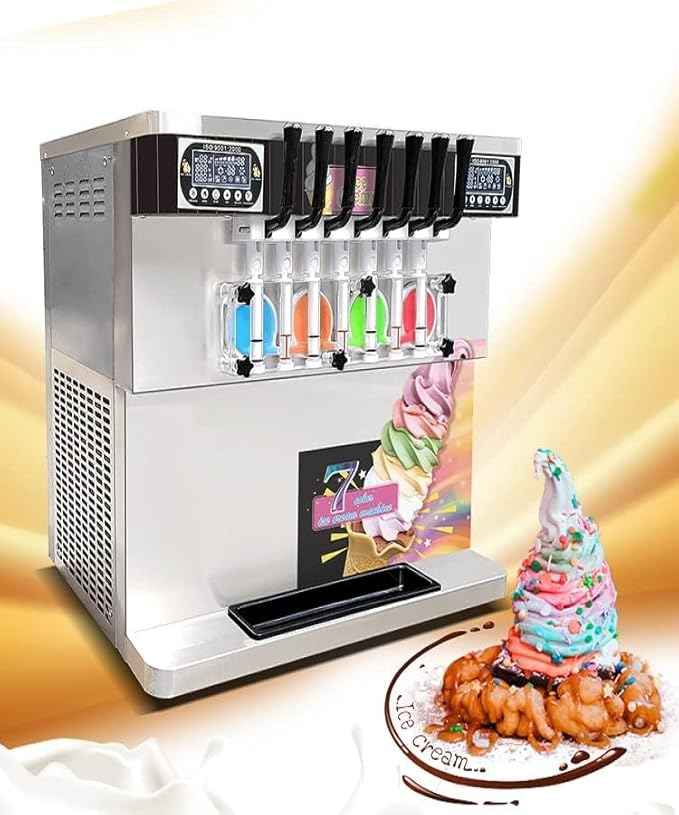 Kolice Commercial ETL tabletop 7 flavors soft serve ice cream machine, 4+3 mixed flavors frozen yogurt soft ice machine-upper tanks refrigerated, full transparent dispensers | 110V 3200W