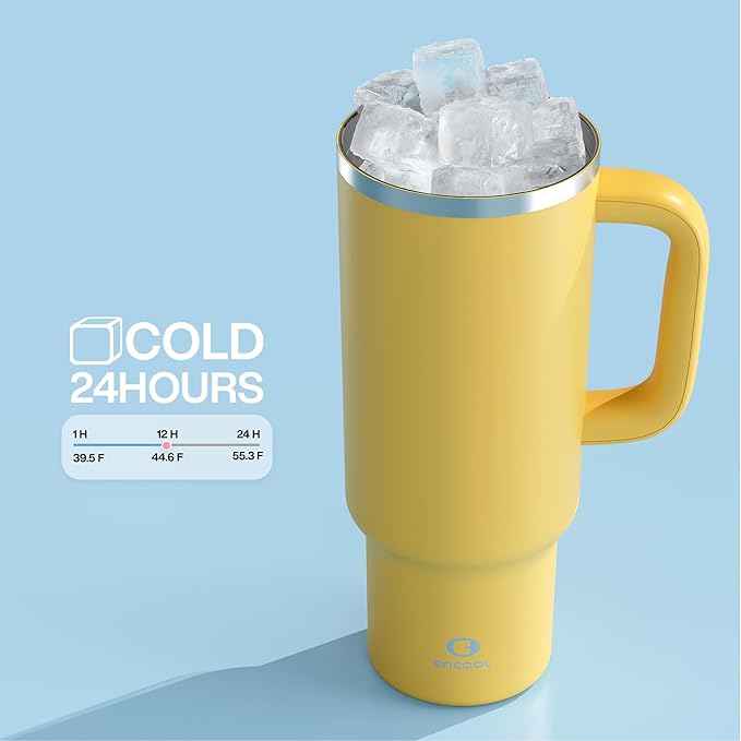 ENCOOL 40 oz Tumbler with Handle and Straw: Stainless Steel Insulated Tumbler Keeps Cold for 24 Hours, Leakproof Travel Cup Fits in Cup Holder and BPA-Free,Elfin Yellow