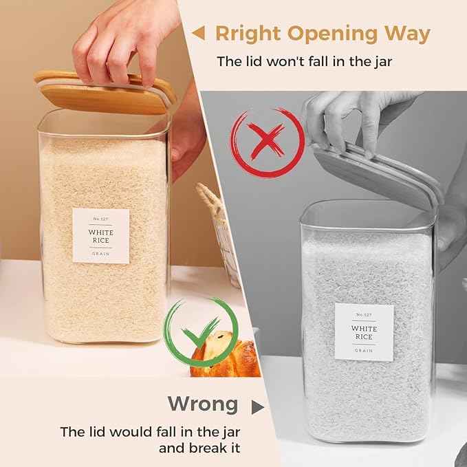 2 Pack large Square Glass Flour and Sugar Containers with 132 Kitchen Pantry Labels - Thicken 149 floz Glass Storage Jars with Airtight Bamboo Lid - Big Rice Canisters for Coffee, Pasta, Cereal