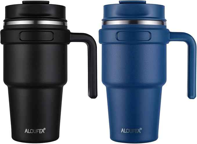 20 oz Insulated Coffee Mug Tumbler with Handle, Stainless Steel Travel Mug Tumbler with Lid and Straw,Double Wall Vacuum Leak Proof Ice Coffee Thermal Cup, Black and Navy