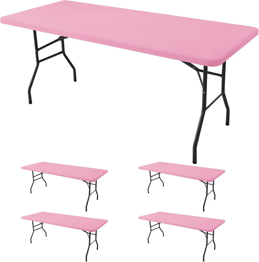 Fitted Tablecloth for 8 Foot Rectangle Tables-4 Pack Pink Elastic Outdoor Picnic Table Cover-Spandex Stretch Folding Table Cloths 8ft for Camping Dining Room Patio Kitchen Banquet Party