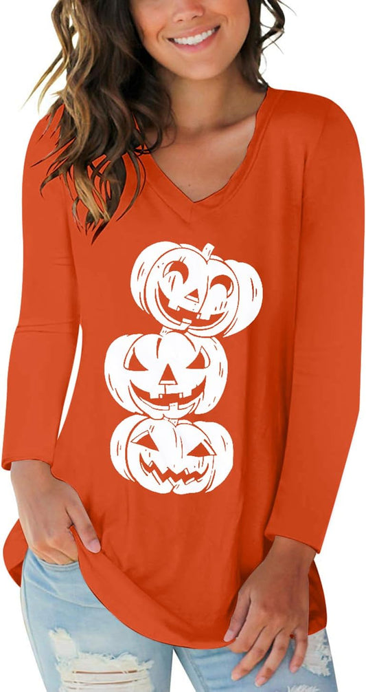 Tobrief Women's Long Sleeve V-Neck Shirts Fall Graphic Tees Loose Casual T-Shirt