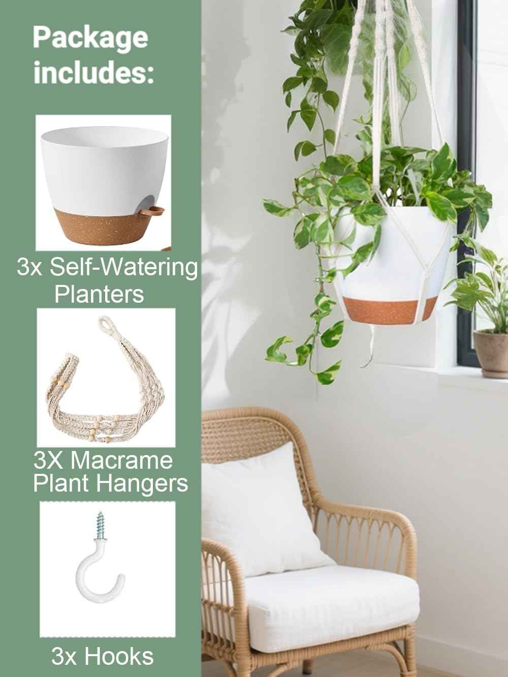 Bouqlife 3 Sets Hanging Planters for Indoor Plants with Self-Watering Hanging Pots and Macrame Plant Hangers, Outdoor Hanging Flower Pots with Drainage 3 Different Size for Home Patio Boho Decor