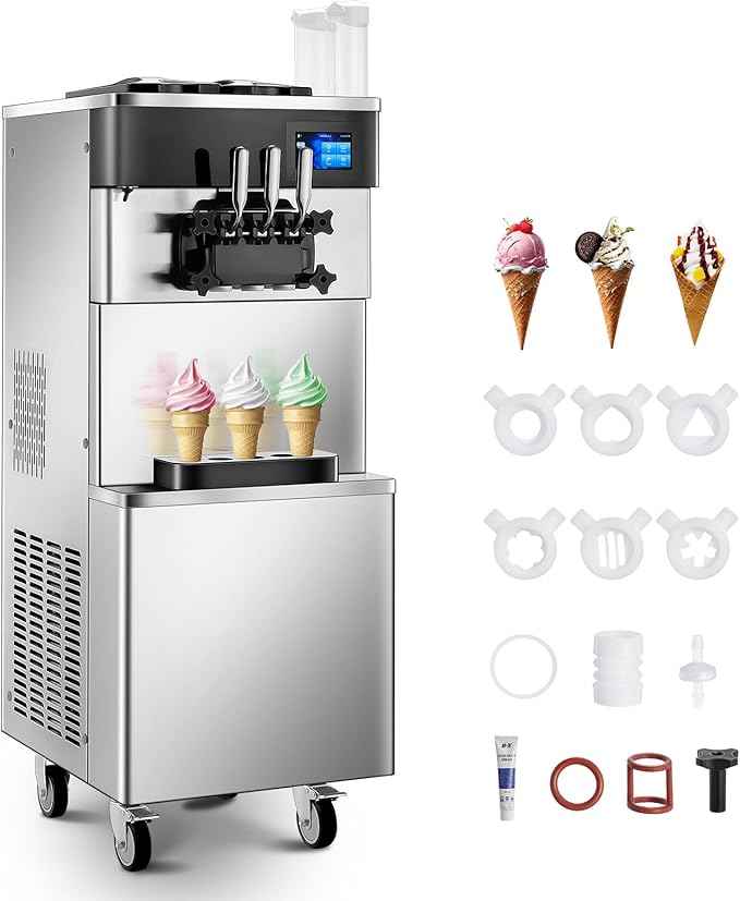 Commercial Ice Cream Machine 5.8-7.9 Gal/h, 3 Flavors Soft Serve Ice Cream Machine with 14L Hopper, Auto Clean Ice Cream Maker With Touch LCD Panel for Snack Restaurants Bars, 2200W