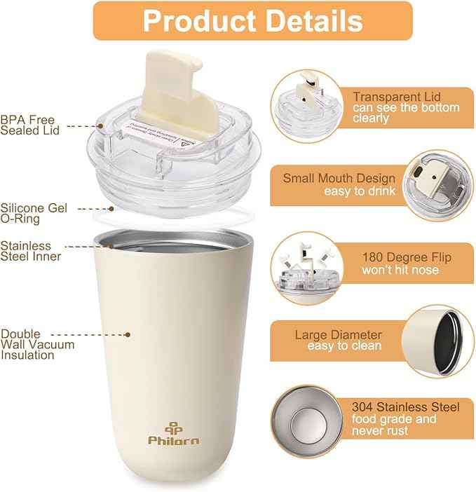 PHILORN Travel Coffee Mug, Coffee Cup-12 OZ Insulated With Lid, White Stainless Steel Coffee Mug with Double Wall, Thermal Cup for Hot & Cold Drinks
