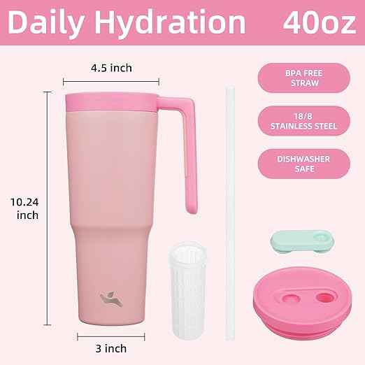 Konokyo Insulated Tumbler with Handle and Straw,40 OZ Vacuum Stainless Steel Water Bottle Travel Mug Metal Cup with Fruit Diffuser,Pink