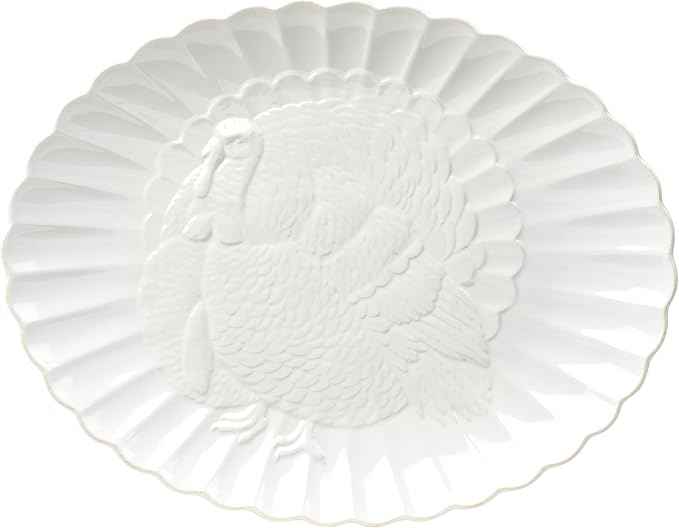 Lenox Serveware, Lenox French Perle Carved Turkey Platter, Scalloped, Oval, 18-Inch, Stoneware, Dishwasher Safe, Turkey Platter for Thanksgiving, Winter Hosting, Christmas Serving (White, 1 Piece)