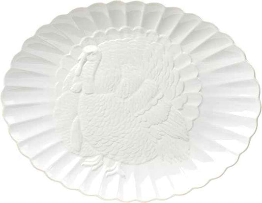 Lenox Serveware, Lenox French Perle Carved Turkey Platter, Scalloped, Oval, 18-Inch, Stoneware, Dishwasher Safe, Turkey Platter for Thanksgiving, Winter Hosting, Christmas Serving (White, 1 Piece)