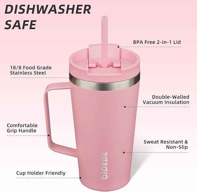 BJPKPK Insulated Tumbler with Handle, 18oz Insulated Tumblers with Lid and Straw, Stainless Steel Metal Water Bottles, Coffee Travel Mugs, Cups, Light Pink