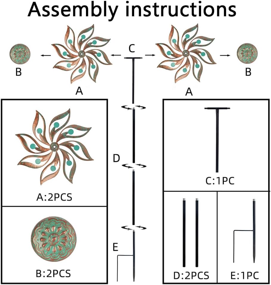 Viveta Metal Wind Spinners Outdoor,Vintage Kinetic Wind Spinner Garden Pinwheels with Metal Stake for Patio,Lawn,Garden,59 * 13.4 Inch