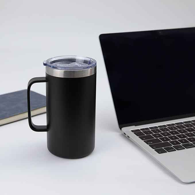 DOMICARE 24oz Mug with Handle and Lid, Stainless Steel Coffee Mug, Travel Mug with Handle, Double Wall Vacuum Coffee Tumbler, Reusable Insulated Cup, Black, Pack 8