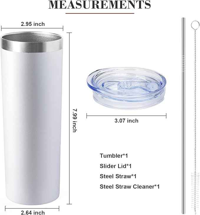 20 oz Skinny Tumbler with Lid and Straw,Stainless Steel Vacuum Insulated Tumbler Cup Double Wall Leak-proof Coffee Mug,Travel Thermal Water Tumbler for Home,Office,Outdoor(White,1)