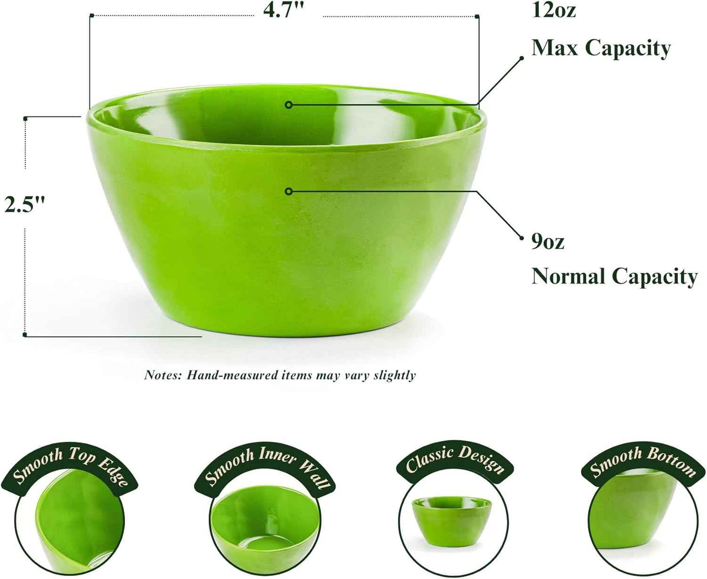 4.7-Inch Melamine Rice Bowls (Set of 6) - 12oz Unbreakable and Reusable Soup Bowls with Ceramic Feel, Stackable and Dishwasher-Safe Dinnerware (Multi-color)