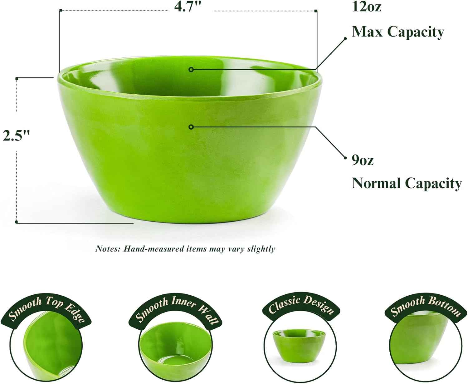 4.7-Inch Melamine Rice Bowls (Set of 6) - 12oz Unbreakable and Reusable Soup Bowls with Ceramic Feel, Stackable and Dishwasher-Safe Dinnerware (Multi-color)