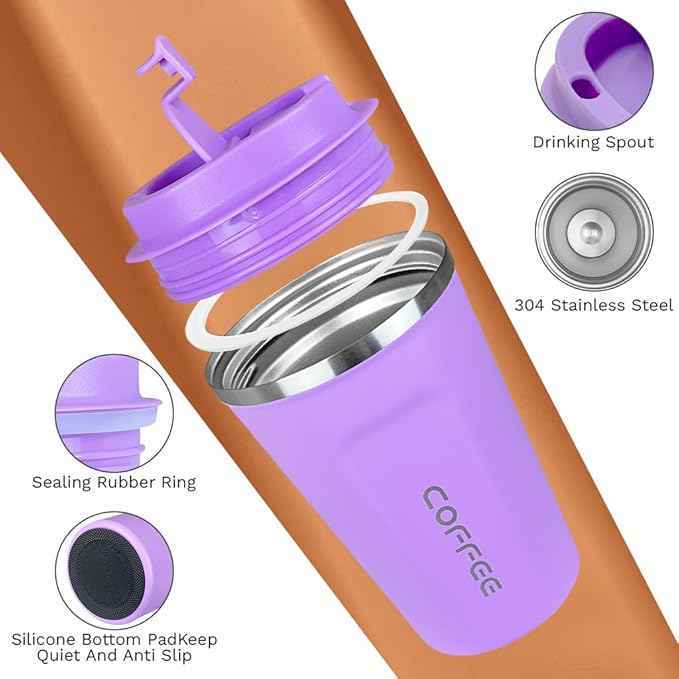 SPLMIFA Travel coffee mugs leak-proof, reusable coffee cup with lid, stainless steel vacuum insulated coffee tumblers, thermal insulation cups for men & women keep drinks hot & cold (2nd-Purple, 12OZ)
