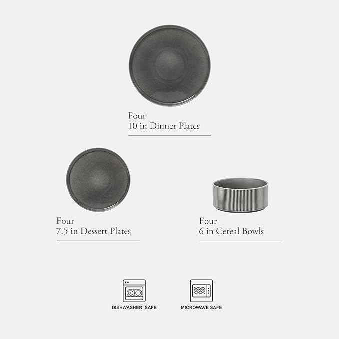 Gibson Elite Solana Coast 12 Piece Stoneware Reactive Glaze (Service for 4) Ceramic Plates and Bowls Modern Shape Embossed Dinnerware Set - Black
