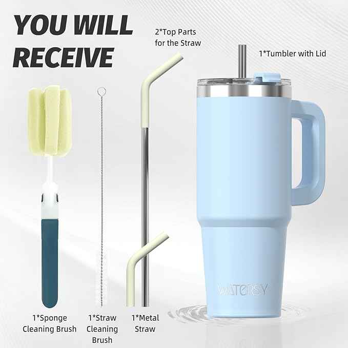 30 oz Tumbler with Handle,Tumbler with Lid and Straw,Double Wall Insulated Cup Stainless Steel Travel Mug(Cold for 34 Hours),Water Bottle for Iced Tea,Coffee,Cold Beverages(Blue)