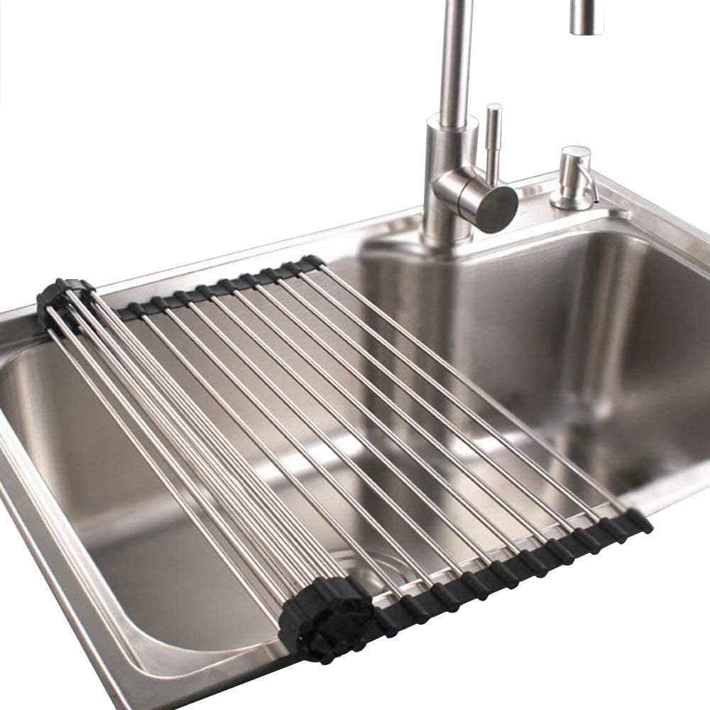 Roll up Dish Drying Rack RV Folding Over Sink 304 Stainless Steel in Kitchen Dish Drainer Heat Resistant Mat Multipurpose Portable Dish Trainer,Black,17x12inches