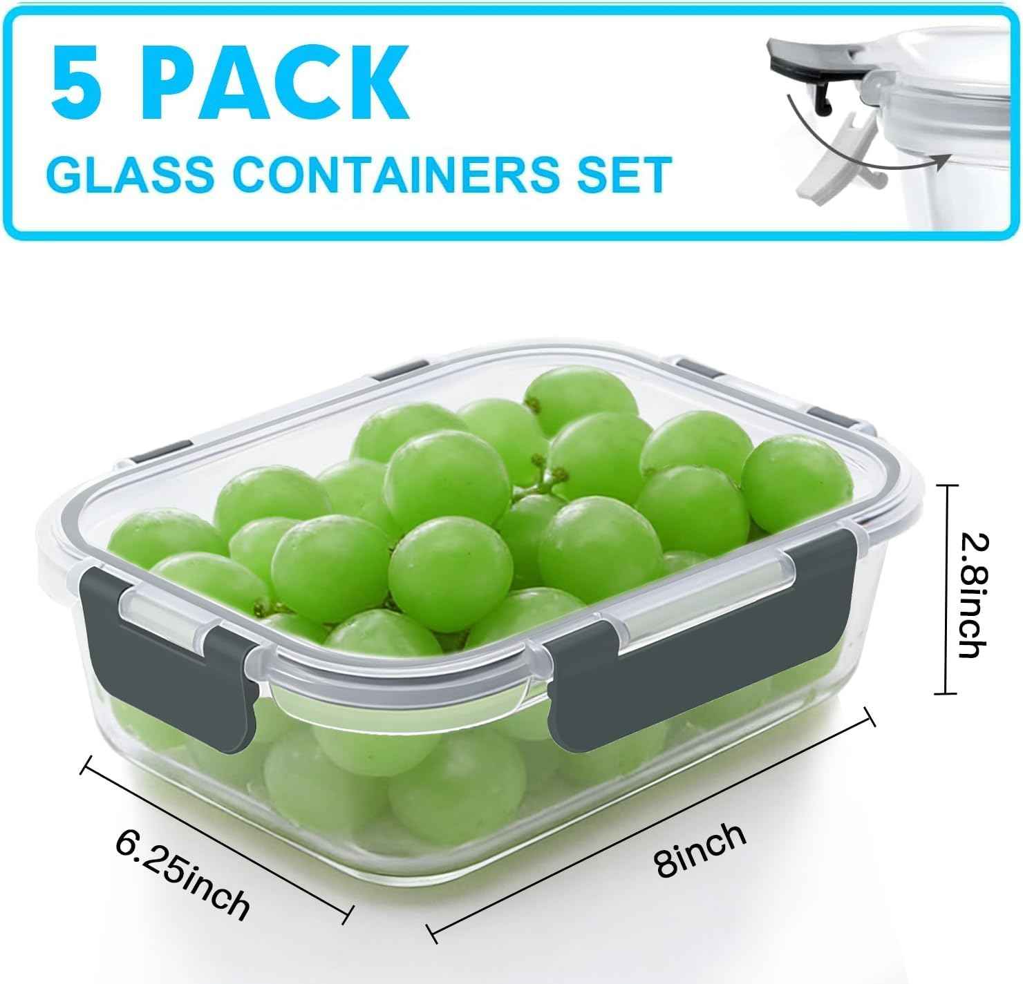 VERONES 5 Pack 36 OZ Glass Meal Prep Containers, Airtight Glass Lunch Containers Set, Glass Food Storage Containers with Lids,Exclusive of BPA, for Microwave, Oven, Freezer & Dishwasher Friendly,Grey