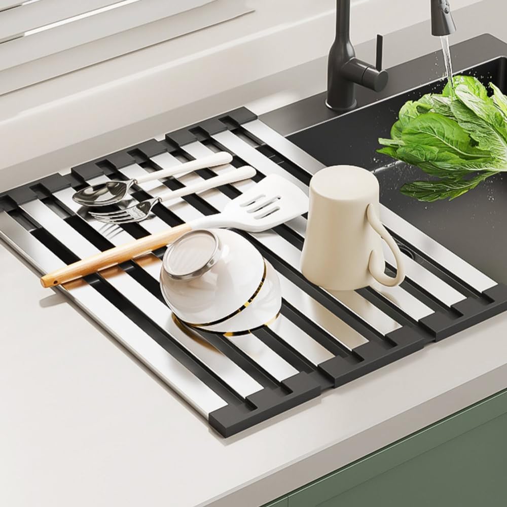Roll Up Dish Drying Rack, Over Sink Stainless Steel Rack,Foldable Kitchen Sink Mat,Kitchen Sink Drain Rack Dish Storage Rack (19.69" H x 12.8" W)