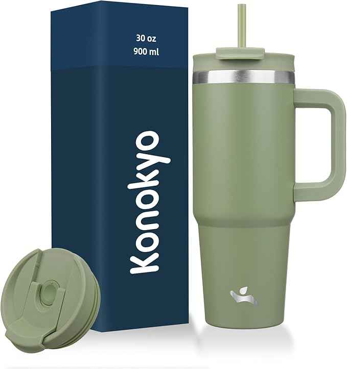 Konokyo 30 oz Tumbler with Handle and 2 Straws,2 in 1 Lid Insulated Water Bottle Stainless Steel Travel Coffee Mug,Army Green