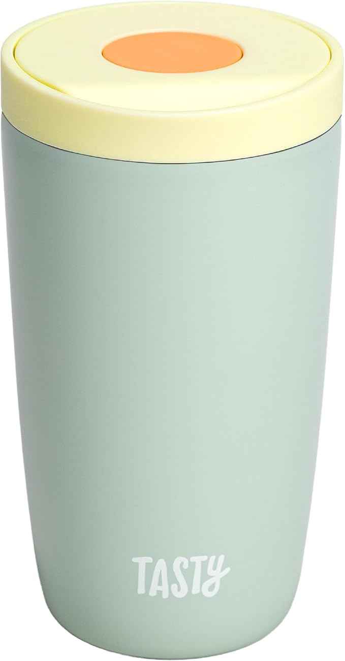 Tasty 12oz Insulated Stainless Steel Push Mug, Leak-Proof Lid with One-Hand Open/Close Button, Travel Coffee Cup, Double Wall Vacuum Flask, Aqua Blue
