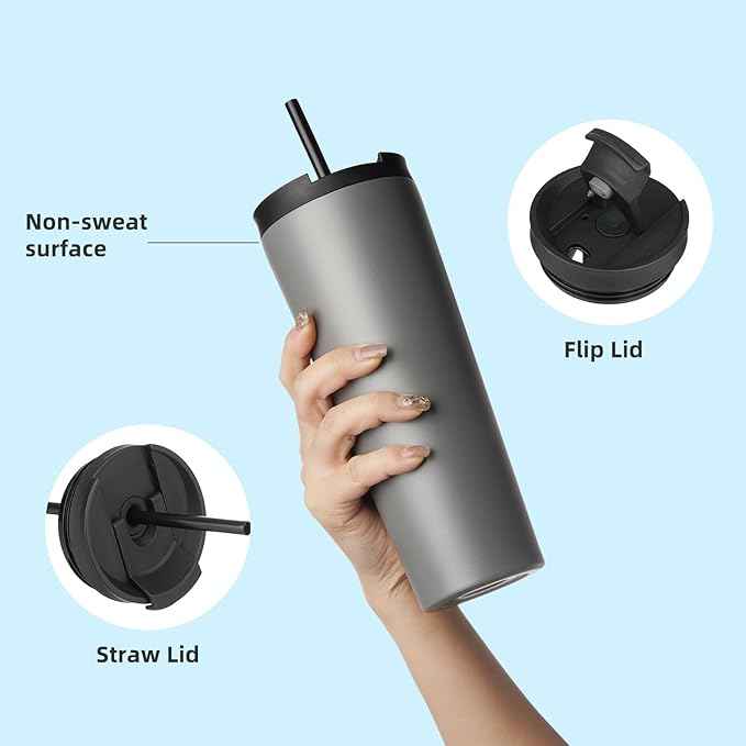 Konokyo 18 OZ Insulated Tumbler with Lid and 2 Straws Stainless Steel Water Bottle Vacuum Travel Mug Coffee Cup,Gray