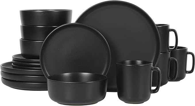 Gibson Home Zuma Stoneware Plates, Bowls, & Mugs Dinnerware Set - Matte Black, Service for Four (16pcs)