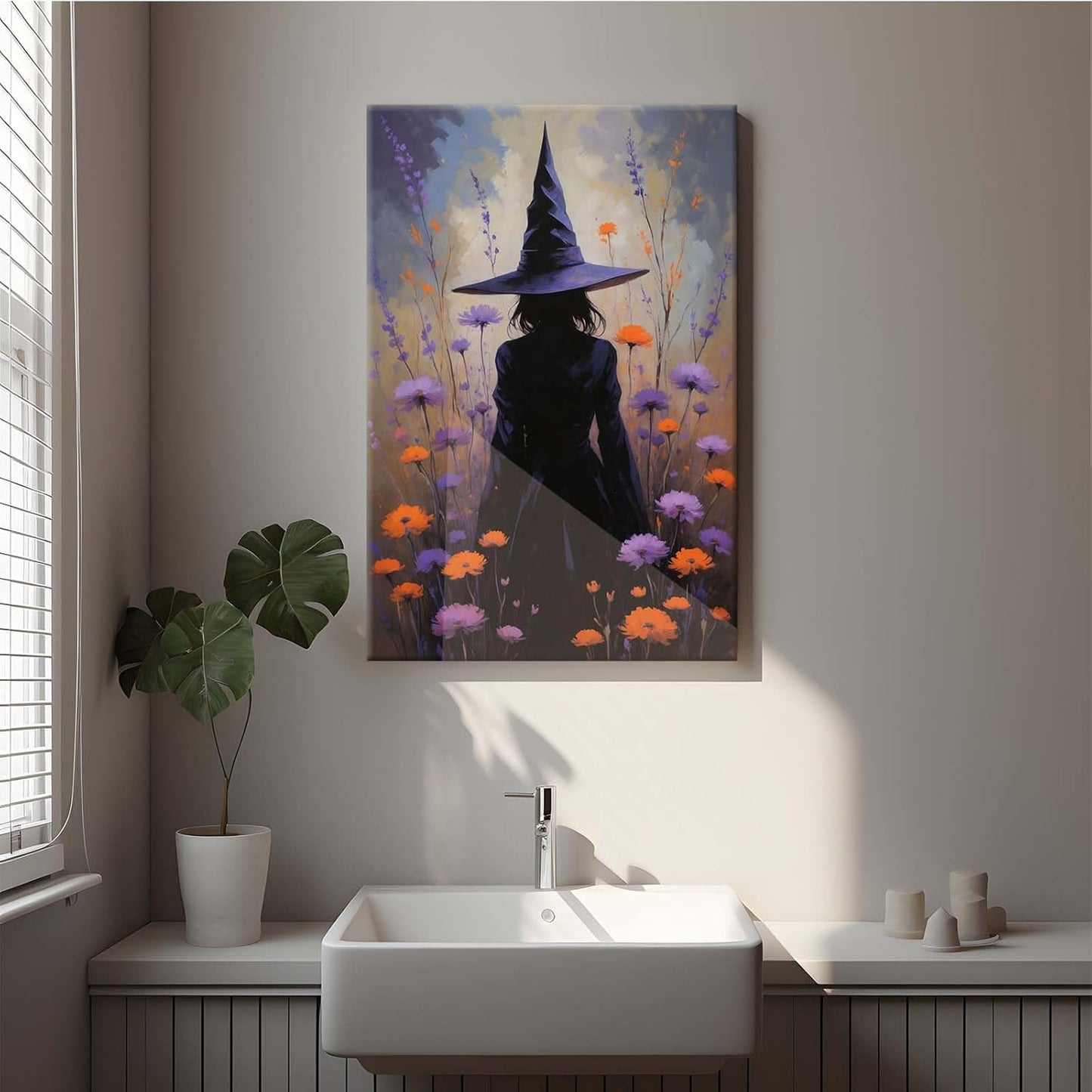 JFHCQJPK Country wildflower witch canvas print halloween mashup art witch purple decoration bohemian elegant art poster24x36in Frameless