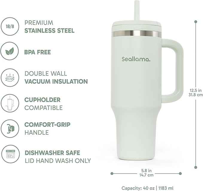 Seallama. Tumbler with Handle and Straw 40 oz | Cup Holder Compatible for Travel | Insulated Stainless Steel Cup | BPA-Free | (Matcha Frosting)
