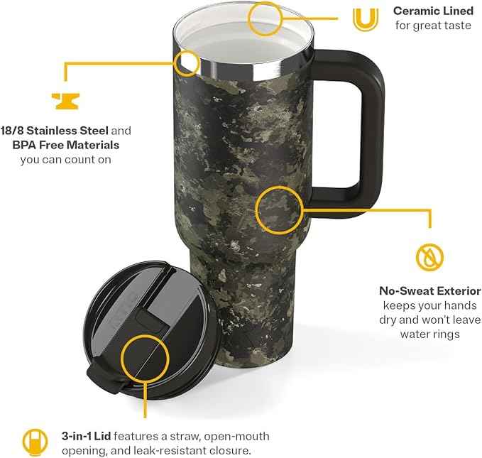 RTIC 40 oz Road Trip Tumbler Double-Walled Cermaic Lined Insulated Stainless Steel Portable Travel Coffee Mug Cup with Lid, Handle and Straw, Olive Midnight Camo