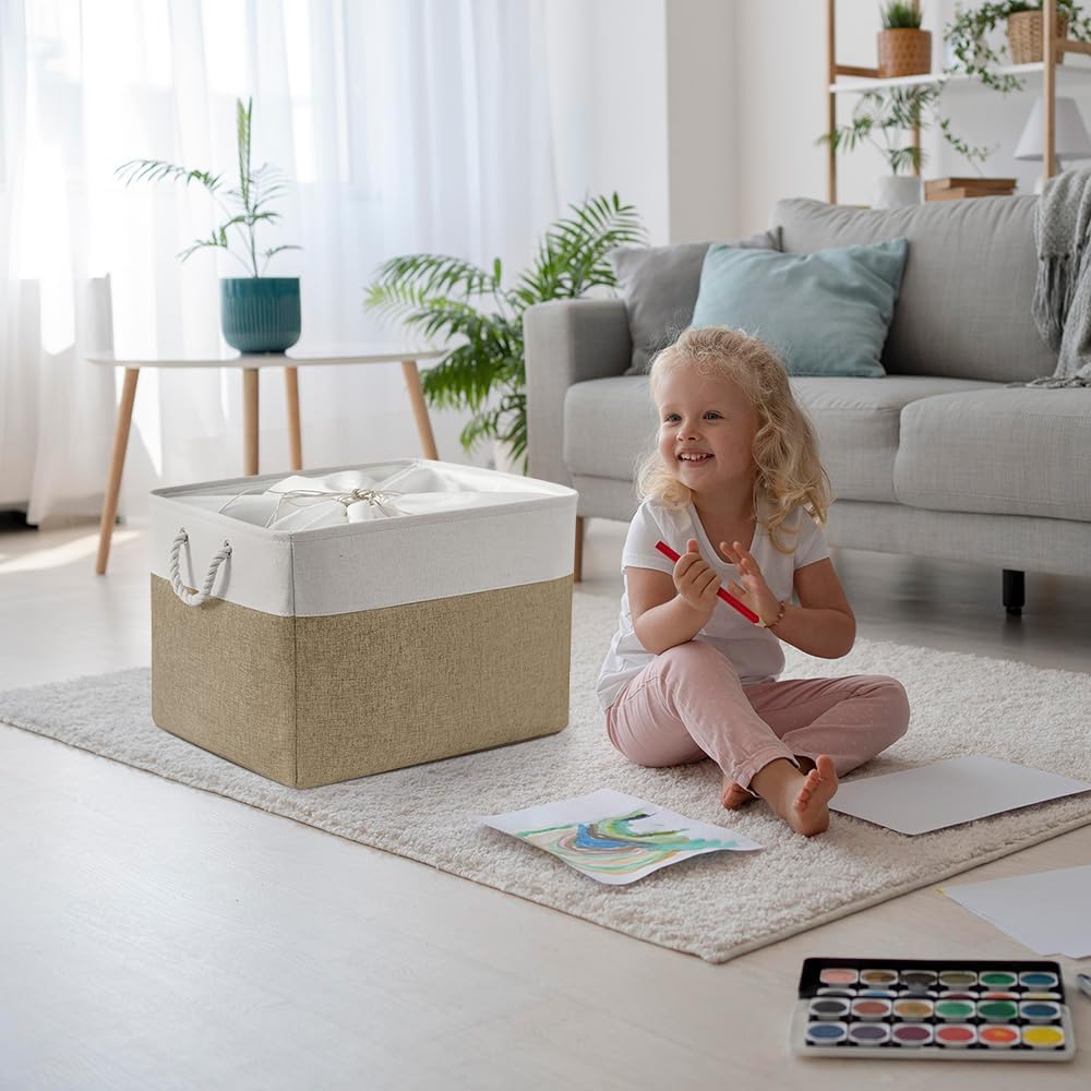 TheWarmHome Organization Basket - 20x16x14 inch Jumbo 3 Pack Collapsible Storage Bins for Shelves, Fabric Storage Cubes for Closet Organizer Gift Toy (White & Khaki)