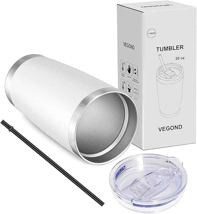 VEGOND 20oz Tumbler with Lid and Straw Stainless Steel Tumbler Cup Vacuum Insulated Double Wall Travel Coffee Mug Powder Coated Coffee Cup, White, 1 Pack