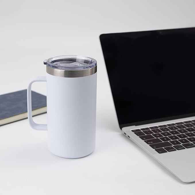 DOMICARE 24oz Mug with Handle and Lid, Stainless Steel Coffee Mug, Travel Mug with Handle, Double Wall Vacuum Coffee Tumbler, Reusable Insulated Cup, White, Pack 8