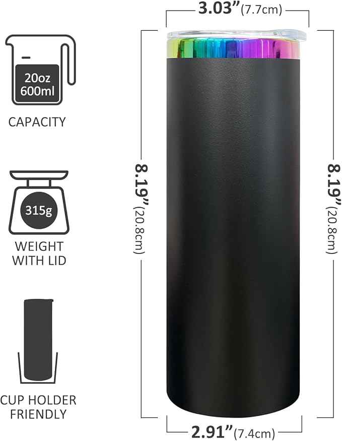 20 oz Skinny Tumblers Stainless Steel Tumbler with Lid and Straw Double Wall Vacuum Insulated Coffee Mug 20oz Powder Coated Cup for Hot and Cold Drinks(Black,1 pack)