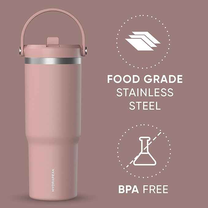 Hydrapeak Nomad 32 oz Tumbler with Handle and Straw Lid, Leakproof, Double Insulated, 32oz Cup Stainless Steel (Rosewood)
