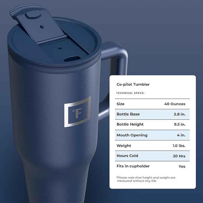 IRON °FLASK Co-Pilot Insulated Mug w/Straw & Flip Cap Lids - Cup Holder Bottle for Hot, Cold Drink - Leak-Proof - Water, Coffee Portable Travel Mug - Twilight Blue, 40 Oz