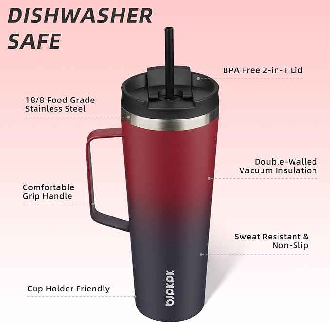 BJPKPK Insulated Tumbler with Handle, 26oz Insulated Tumblers with Lid and Straw, Stainless Steel Metal Water Bottles, Coffee Travel Mugs, Cups, Charming Red